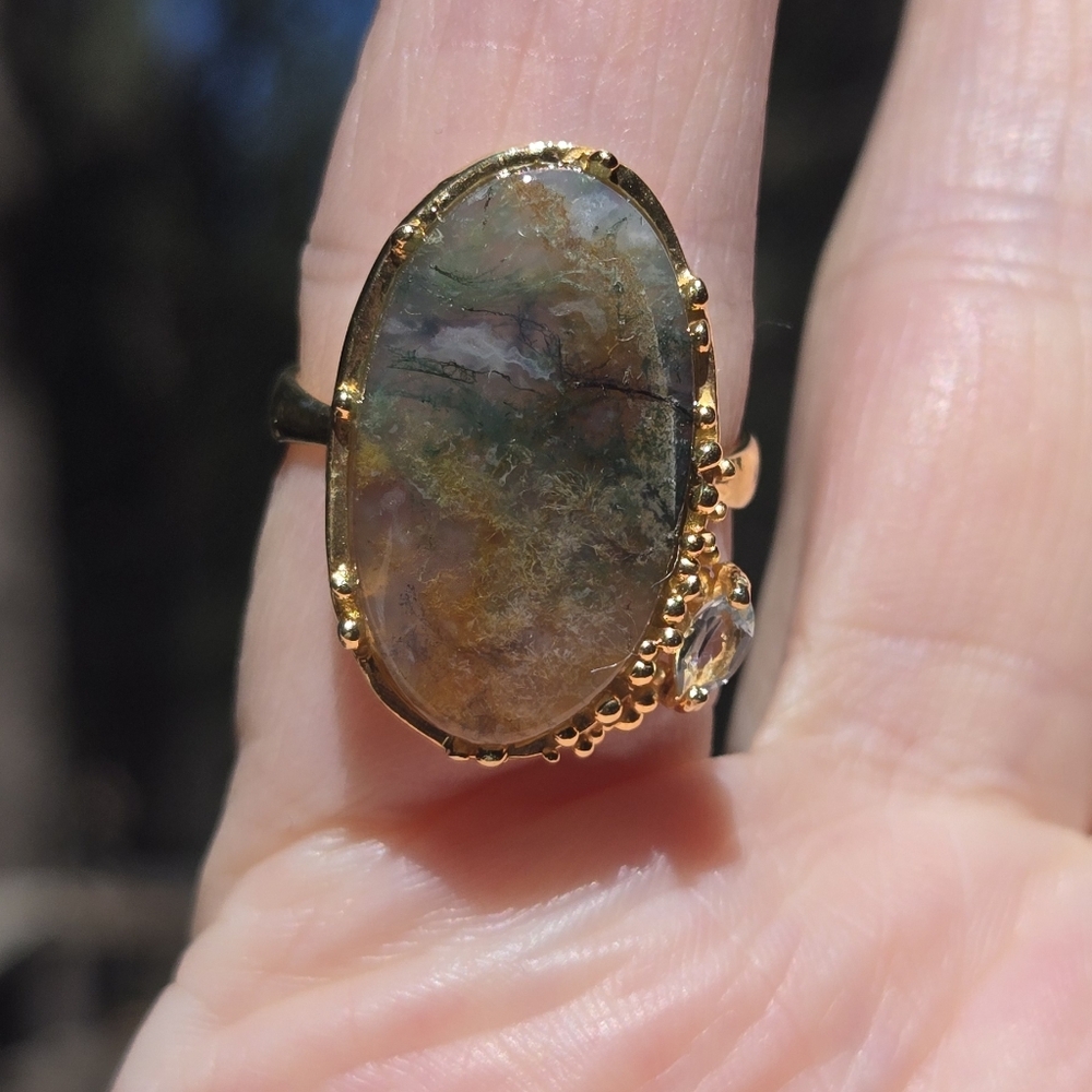 Moss Agate & Aquamarine Oval Sterling & Gold Statement Ring Sz7.5 - Picture 4 of 8